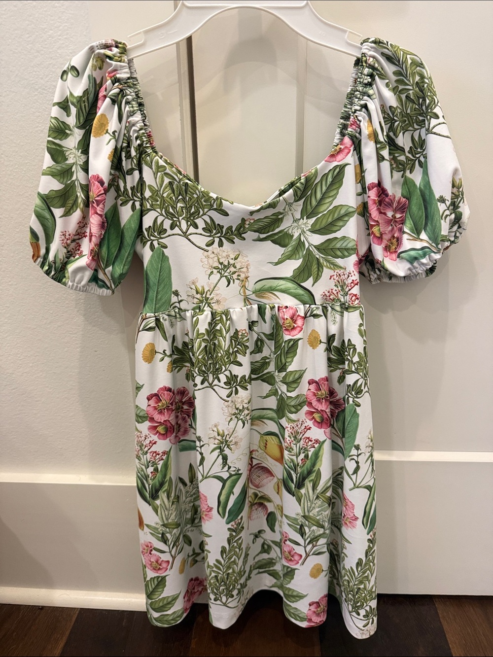 Floral Puff-Sleeve Mini Dress - White with Green & Pink